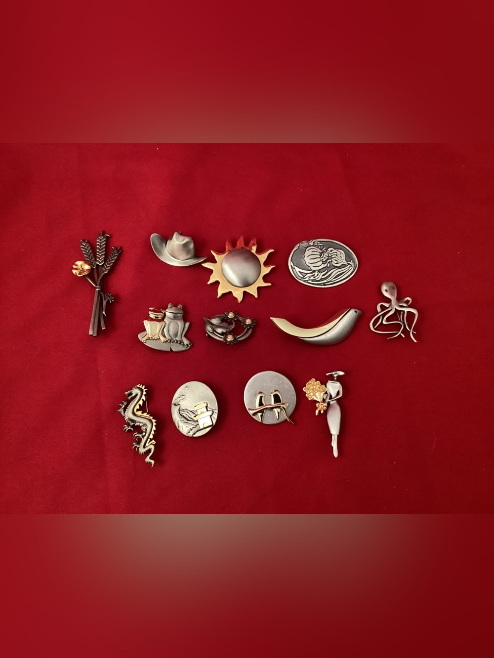 12 silver tone and gold tone Various themes brooches